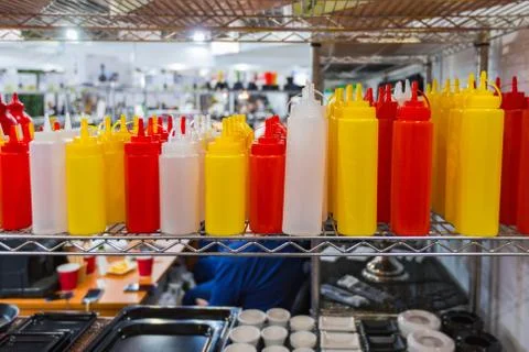 Empty plastic containers, bottles for mayonnaise mustard sauce and ketchup. G Stock Photos