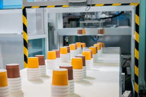 Empty plastic cups moving on conveyor belt at package exhibition Foto stock