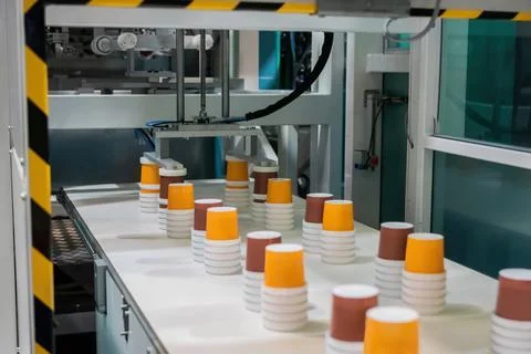 Empty plastic cups moving on conveyor belt at package exhibition Foto stock