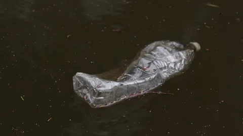 An empty plastic drink bottle floating in a canal. UK. 2026 Stock Footage 332471039