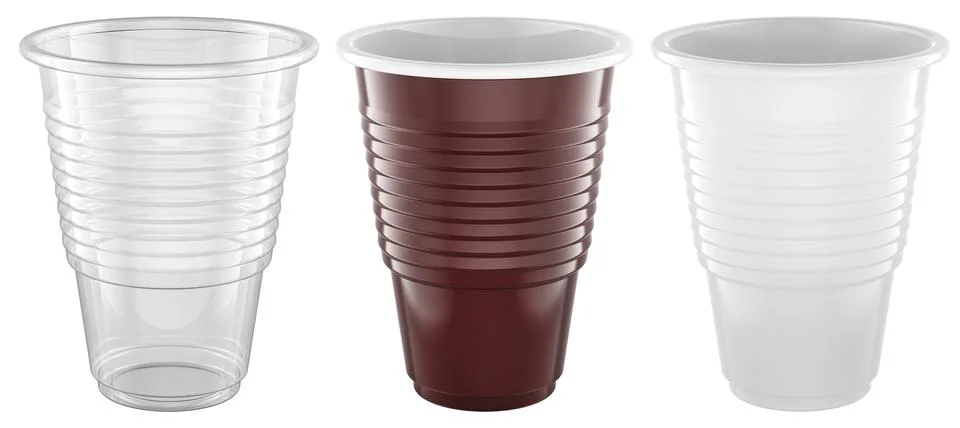 Empty plastic drinking cups Transparent, white and brown colors. 3D rendering Stock Illustration