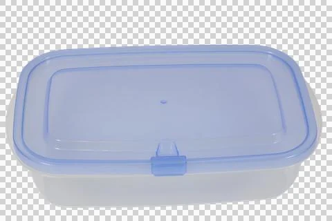 Empty plastic food container with blue lid isolated on transparent background Stock Photos