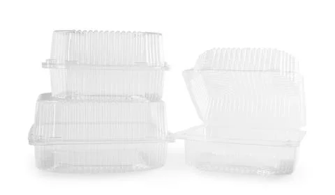 Empty plastic food containers isolated on white background Stock Photos