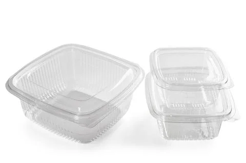 Empty plastic food containers isolated on white background Stock Photos