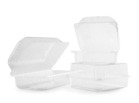 Empty plastic food containers isolated on white background Stock Photos