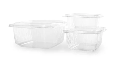 Empty plastic food containers isolated on white background Stock Photos