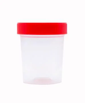 Empty plastic jar with a red lid for medical tests and material collection, o Stock Photos
