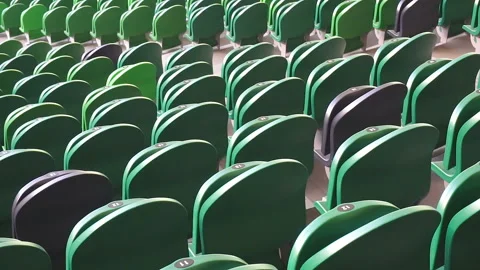 Empty plastic seats in a stadium. Matches to be played without fans. Stock Footage 126206548