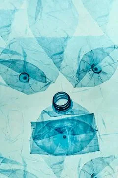 Empty plastic squashed bottles collected to recycling Foto stock