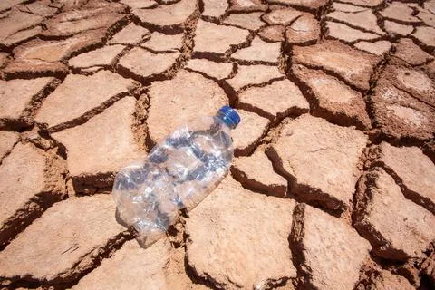Empty Plastic Water Bottle on Cracked Dry Soil Concept of Climate Change Stock Photos