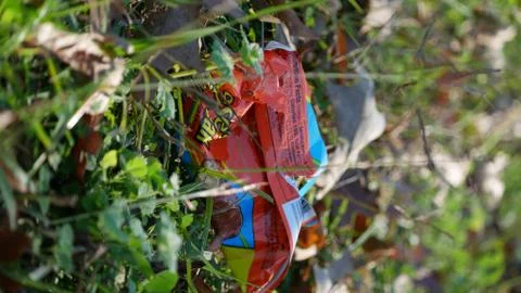 Empty plastic wrapping package of a Reese's bar left as waste on a grassy field. Foto stock
