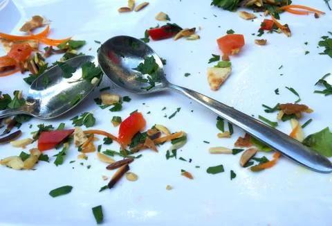 An empty plate after a meal, with two spoons. Stock Photos