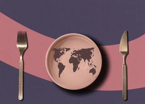 Empty plate and cutlery on the background of the world map. Art collage. Glob Stock Photos