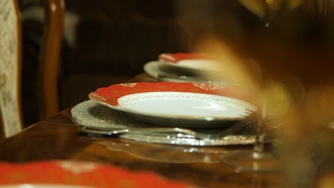 Empty Plate and cutlery. Table setting served. Christmas dinner family. Isolated Stock-Footage 129045313
