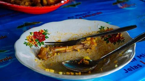 Empty Plate with Chicken Bones and Leftovers Fotos Stock