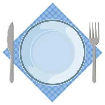 Empty Plate with Cutlery on Blue Checkered Napkin 스톡 일러스트