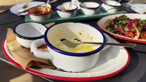 Empty plate with fork after eating on the table in restaurant symbolizing that Stock Footage 315341181