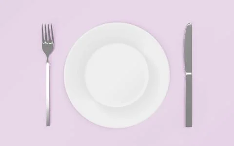 Empty plate, fork and knife - isolated on pink rosee table 3d render Illustrazione stock