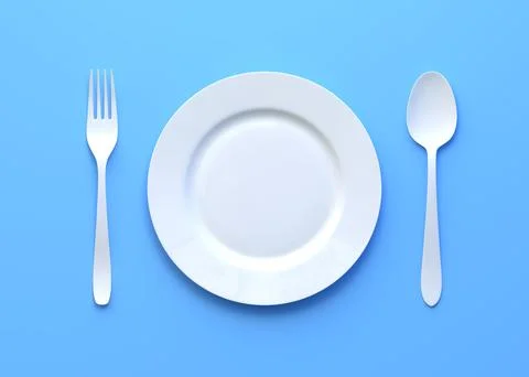 Empty plate, fork and knife isolated on blue background Illustrazione stock