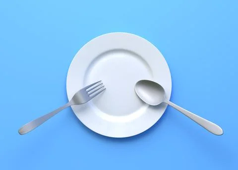 Empty plate, fork and knife isolated on blue background Stock Illustration
