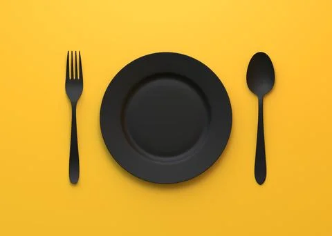Empty plate, fork and knife isolated on yellow background Stock Illustration