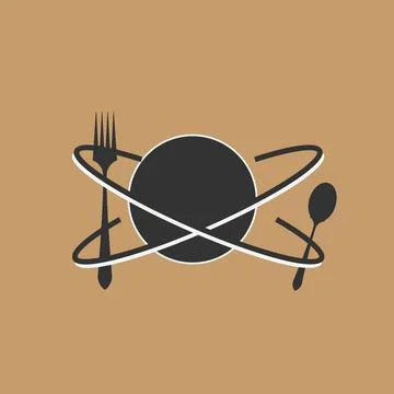Empty plate, fork, spoon in orbit. space logo for pattern Stock Illustration
