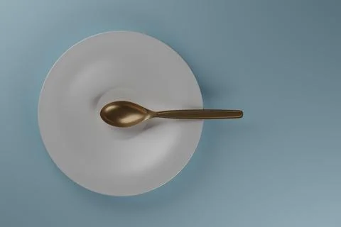 An empty plate with a golden spoon on a light blue background. Illustration. Illustrazione stock