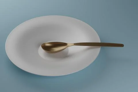 An empty plate with a golden spoon on a light blue background. Illustration. Illustrazione stock