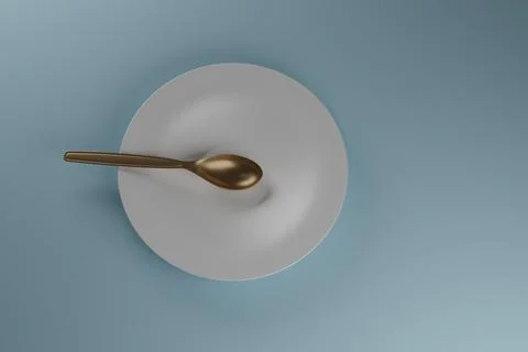 An empty plate with a golden spoon on a light blue background. Illustration. Illustrazione stock