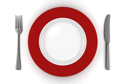 Empty plate with knife and fork isolated on white Stock Illustration