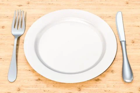 Empty plate with knife and fork on the wooden table, 3D rendering Illustrazione stock