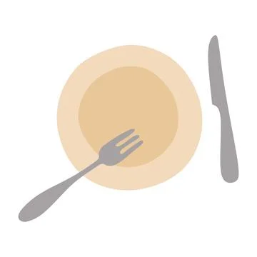 Empty plate with knife and fork Isolated on White background. Top view Cutler Stock Illustration