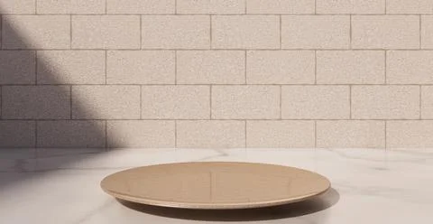 Empty Plate Mockup on a Marble Table with a Brick Wall Background Stock Illustration