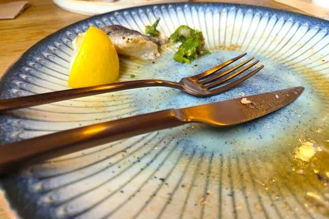 An empty plate with a piece of lemon, remnants of food, and a fork and knife  Stock Photos