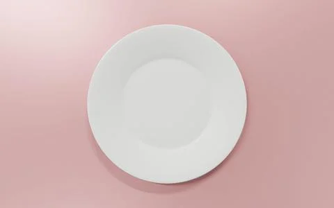 Empty plate on salmon pink background. Top view with copy space 3d render Illustrazione stock