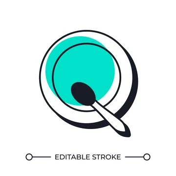 Empty plate with spoon top view offset shadow line icon Stock Illustration