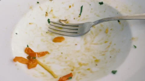 Empty plates after lunch at restaurant. Handheld shot. 4K Stock Footage 49710687