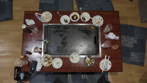 Empty plates around teppanyaki grill after meal at restaurant in Kyoto Japan Stock Footage 335199234