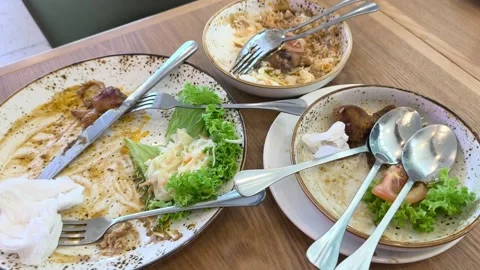Empty Plates with Food Leftovers on a Dining Table Stock Footage 338427057