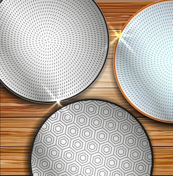 Empty plates on a wooden table. Vector illustration Stock Illustration