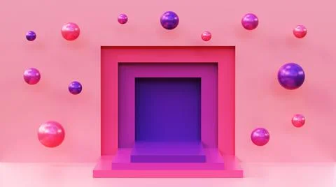 Empty platform and floating spheres. 3D illustration in blue and red colors. Stock Illustration