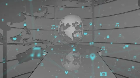 Empty platform causing icons appearing and connecting to rotating globe forming Stock Footage 314708062