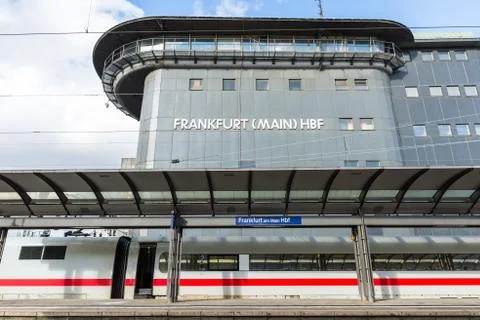 The empty platform with train with control tower of frankfurt main station Stock Photos
