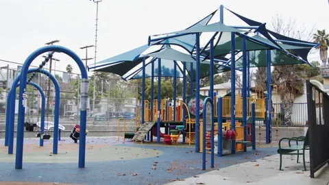 Empty Playground After Rain Covid 19 Coronavirus Lockdown Quarantine Wide Stock Footage 147556998
