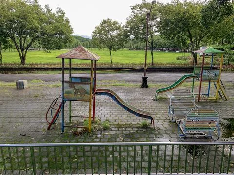 An empty playground. Close to prevent crowds. Adhere to health protocols Stock Photos
