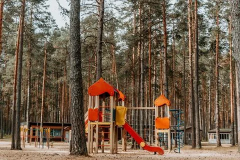 Empty playground with colored play complex in pine forest, panorama on summer Stock-Fotos