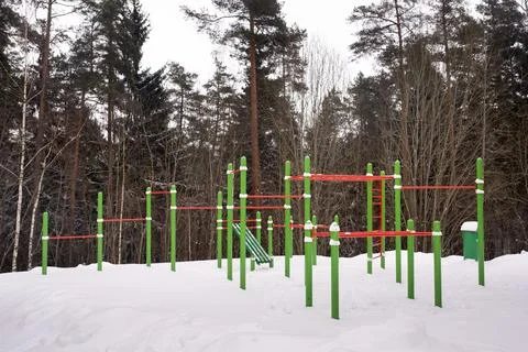 An empty playground with metal bars in a winter forest for children and adult Foto stock