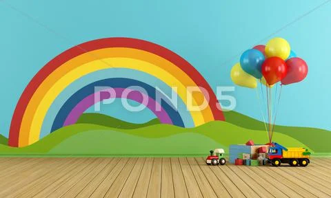 Empty playroom with rainbow and toys Stock Illustration