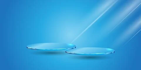 Empty podium on blue background with light neon flares effects with bokeh d.. Stock Illustration