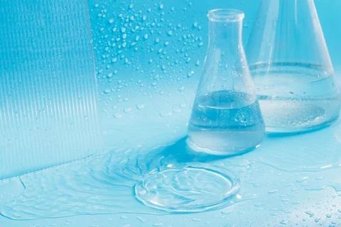 Empty podium with glass labware, flask bowl platform. Research and development Stock Photos